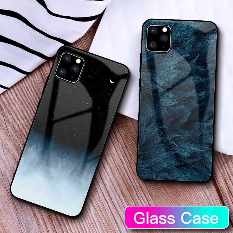 G-FAITH Feather Print Glass Case Starry Sky Design For iPhone 11 | 11Pro | Max | X | XS | Max | Xr