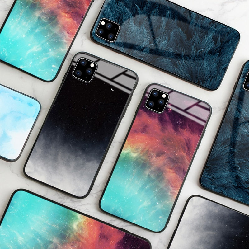 G-FAITH Feather Print Glass Case Starry Sky Design For iPhone 11 | 11Pro | Max | X | XS | Max | Xr