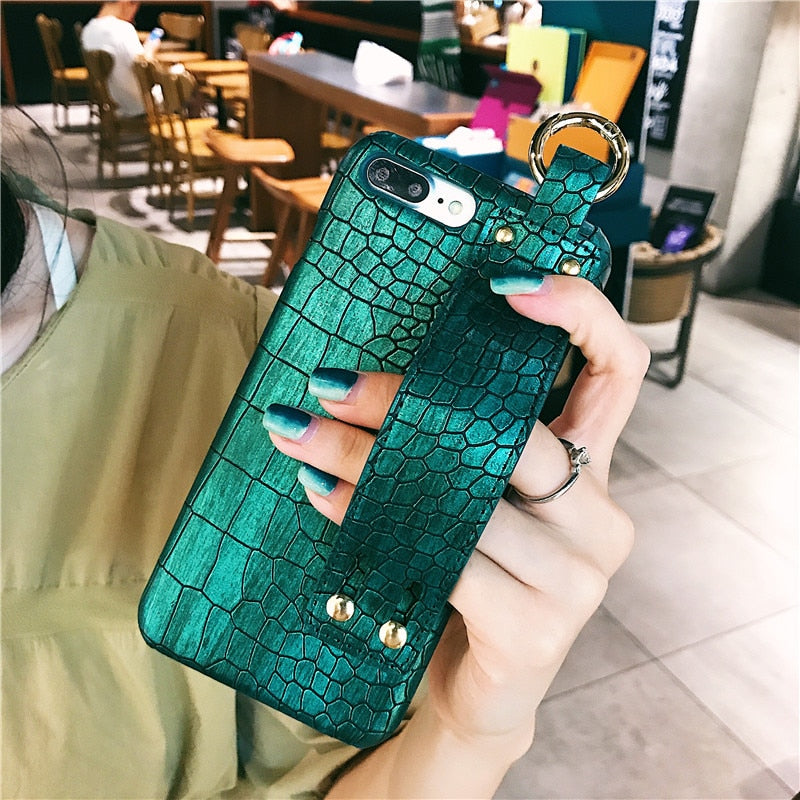 Wrist Strap Hard Leather Case For iPhone 7 | 8 | Plus | X | XS Max | Xr