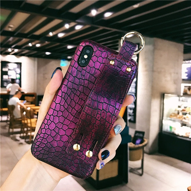 Wrist Strap Hard Leather Case For iPhone 7 | 8 | Plus | X | XS Max | Xr