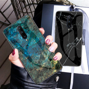 Luxury Marble Finish Tempered Glass Silicone Frame Case Cover for ONEPLUS 7 Pro, 7